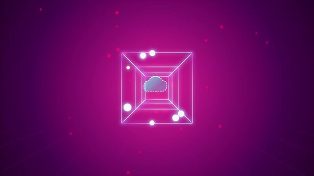 Rotating Abstract Geometric Cube Frame with Floating Cloud Icon Motion
