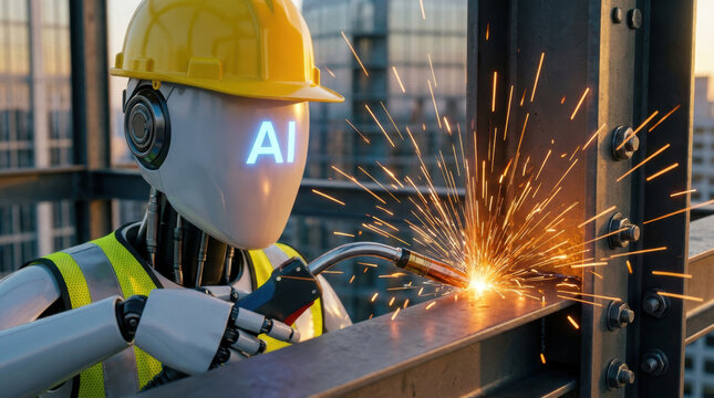 AI robot welding metal on construction site showing job replacement by automation and technology sparks flying