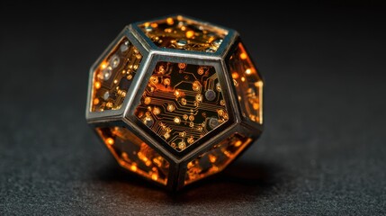 Obraz premium Polished metallic polyhedron with glowing internal circuitry on a dark background, representing advanced technology and innovation.