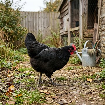 A beautiful black chicken standing in a rustic garden near an old wooden coop and watering can