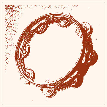 Hand drum tambourine in rough grunge stencil style, jingle ring and zills drawn in weathered rust red ink. This buben shows speckled distress for a vintage folk print feel.