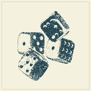 "Four gambling bones tumble mid roll in grungy stamped print. Vintage dice show worn pips and speckled texture, evoking casino luck and chance."