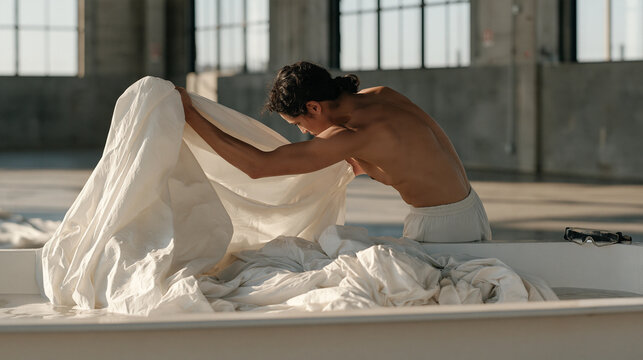 A circus performer soaks large aerial silk panels in a deep trough before a performance session, safety goggles resting on the rim nearby in a minimalist studio space, the
