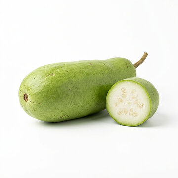 Fresh whole calabash gourd and a thick cross-section slice on a plain white surface for isolation