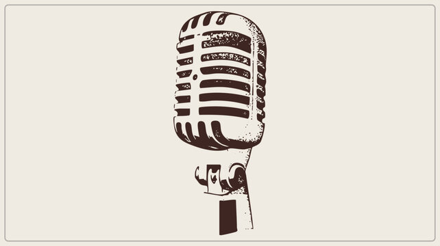 Retro mic, also called a crooner mic or bottle mic, rendered in grunge stencil. The classic vocal microphone and stage features distressed texture for a nostalgic broadcast vibe.