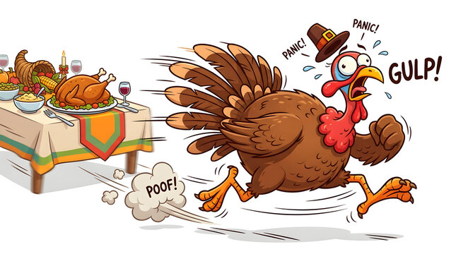 Thanksgiving funny cartoon turkey running away from a dinner feast