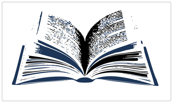 Grungy open tome with fanned pages in distressed ink strokes. This classic storybook shows textured page in deep navy and black for a vintage print feel.
