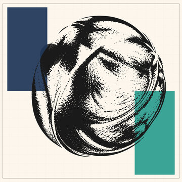 Gritty halftone tennis ball in black stippled ink, layered over bold navy and teal rectangles. The green d gets a vintage print treatment perfect for retro sports graphics.