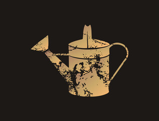 Vintage watering can in grunge stencil style with speckled rust texture. Warm gradient gives this garden vessel retro, weathered charm for decor. © Rysak