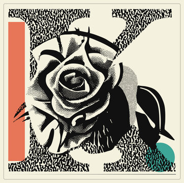 Vintage display typeface letter Y sits under a blooming halftone rose with textured noise fills. This distressed collage pairs and teal accents with gritty shading for a retro print