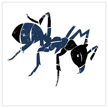 Worker ant (formicid, pismire) in rough grunge stencil style with speckled navy and black shapes distressed texture gives the emmet silhouette a gritty woodblock print feel.