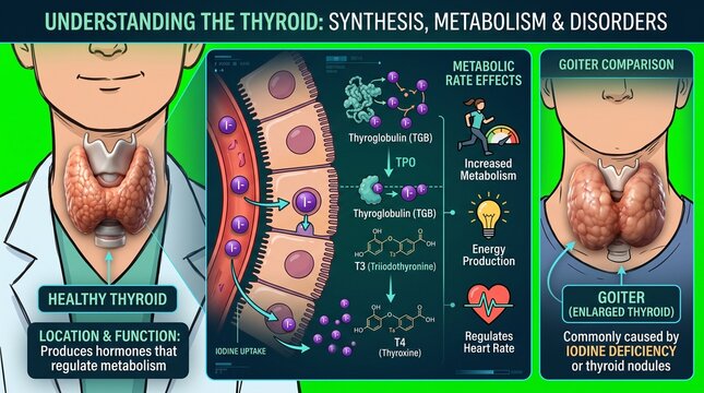Medical infographic showing thyroid gland anatomy and hormone synthesis process