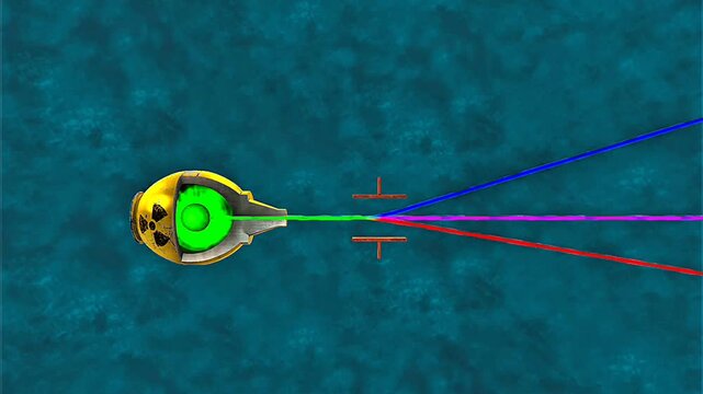 Scientific illustration of atomic particle deflection by electric and magnetic fields along curved paths.