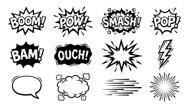 Set of comic book sound effects and speech bubbles including boom pow smash bam ouch pop vector graphics