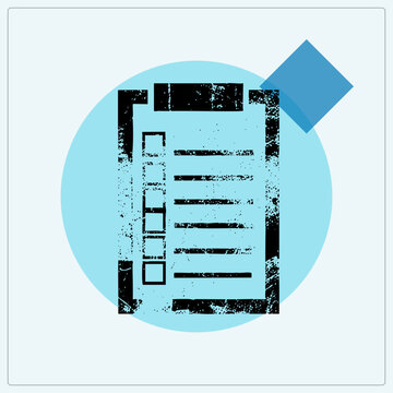 Distressed clipboard checklist (to do list pad) in gritty stencil style, showing unchecked boxes and text on a cyan circle with blue diamond accent.