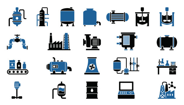  electrochemistry battery and electrolysis process icon set vector illustration.