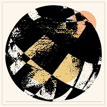 Distressed ball in rough stencil style, panels torn into grunge fragments with stippled shading. This beach volleyball silhouette pairs black, cream, and gold patches with a soft sun beh