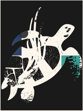 Distressed sea turtle in rough stencil style, carapace split into textured scutes. The honu, or greenback turtle, glides with speckled grunge detail and teal accent blocks for bold graphic impact.