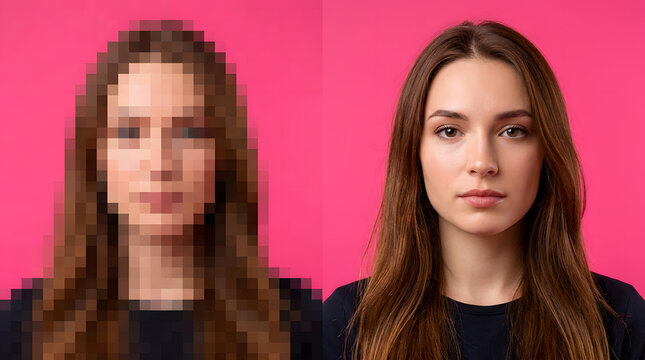Young woman portrait split screen comparing pixelated low resolution and clear high resolution