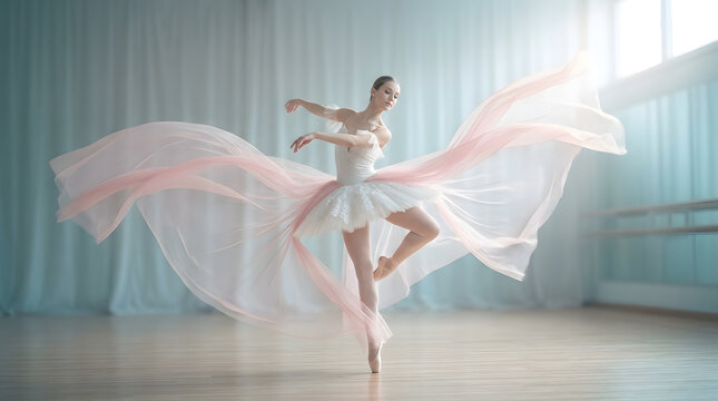 Ballerina in a white dress performing a graceful dance move in a bright studio