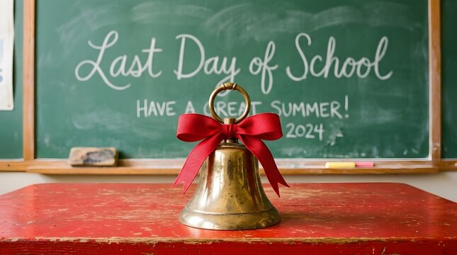 A shiny golden school bell tied with a bright red ribbon sits before a green chalkboard proclaiming the final day of learning