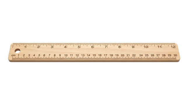 Wooden ruler with metric and imperial scales, 30cm and 12 inch wood measuring tool, classic school and office stationery on white background