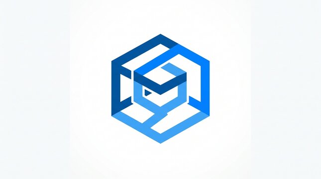 Modern blue hexagonal emblem containing interlocking geometric forms, representing technology, digital systems, and innovation