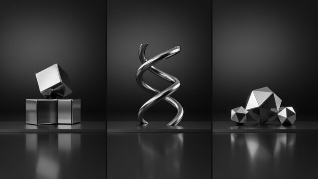 Three panels showing metallic geometric shapes including cubes, a spiral, and polyhedral