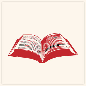 Retro open tome in bold red woodcut style, pages filled with sketchy printed. This classic hardback reads like a storybook or textbook, perfect for literary and educational design.