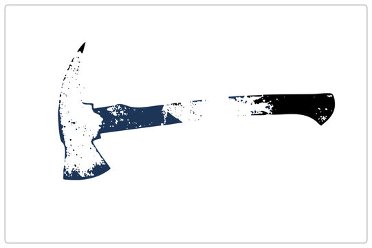 "Weathered fire in rough stencil texture, hatchet silhouette with chipped speckle detail on blade and handle. A grunge tool graphic for rugged designs."