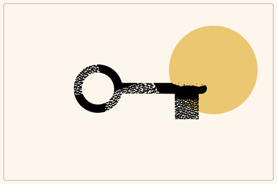 Antique passkey in flat vector style, bit and shank eroded with grunge speckle texture beside a warm ochre sun circle. This old time latchkey evokes mystery, secrecy and hidden access in a minimal ret