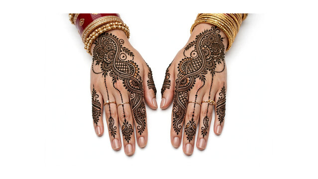 Bride hands intricate Mehndi henna design isolated on white background