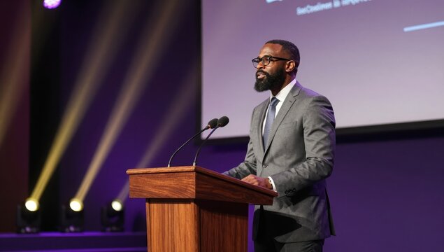 Confident African American Businessman in a Grey Suit Giving a Professional Presentation and Speaking at a Podium During a Corporate Conference in a Modern Auditorium Setting