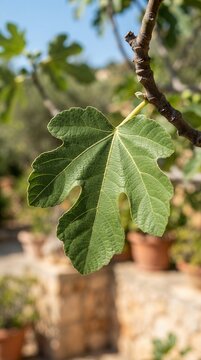 Close-up of a vibrant green fig leaf on a tree branch with blurred background.