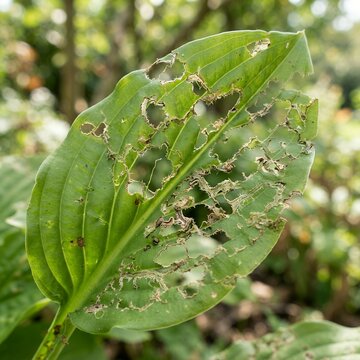 Green leaf with holes from insect damage in nature.