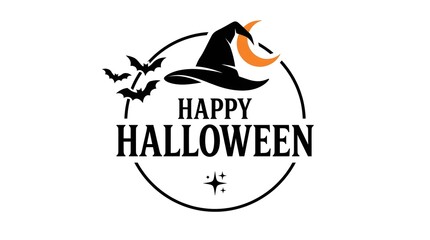Fototapeta premium A vintage halloween graphic design with a witchs hat a carved pumpkin flying bats and cheerful festive wording inside a circular badge