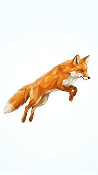 A jumping red fox depicted in a geometric low poly art style on a clean white background