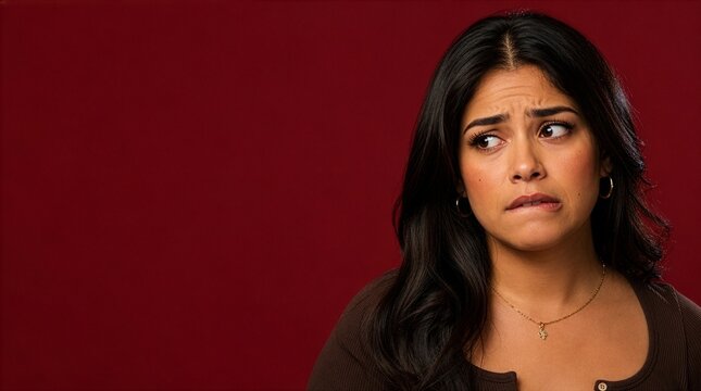 Close-up portrait of a nervous young Latina biting her lip, on a dark red background