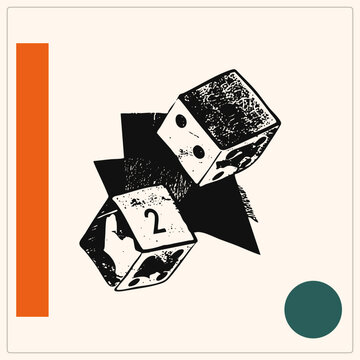 Two vintage dice tumble diagonally, one showing snake eyes, the other a two, in distressed woodcut style. Classic gambling bones rendered in scratchy halftone ink with rough stencil edges.