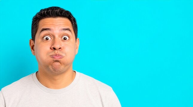 Portrait of a funny man puffing his cheeks on a cyan background