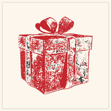Distressed present box illustration in vintage stamp style, textured like a worn rubber stamp. This grungy goody parcel with knotted ribbon bow suits holiday and festive giveaway themes.