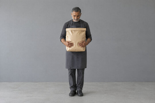 Food bank volunteer holding a paper grocery sack in an empty hall