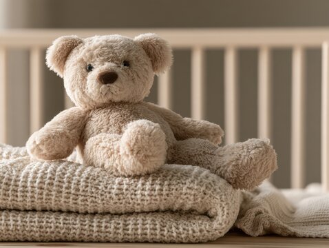 Soft teddy bear sitting on cozy knitted blanket near crib