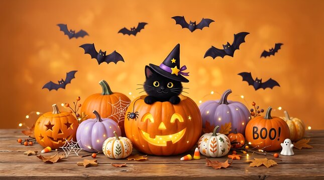 A wonderfully festive halloween scene featuring bright pumpkins a charming black cat in a witch hat and many flying bats against a