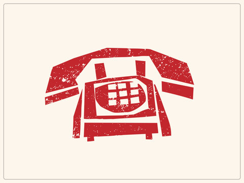 Distressed red phone in rough stencil style, classic rotary dialer handset. Speckled grunge texture gives this vintage telephone a retro print feel.