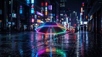 Obraz premium Glowing Neon Umbrella Reflecting City Lights on Wet Street at Night