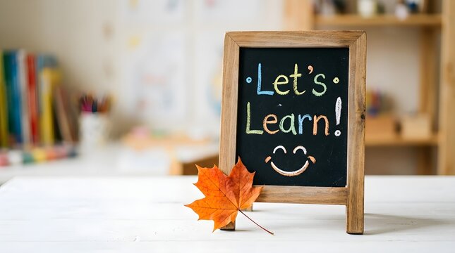 A delightful wooden chalkboard beautifully presents the message lets learn alongside a cheerful smiling face and a vibrant autumn leaf nearby