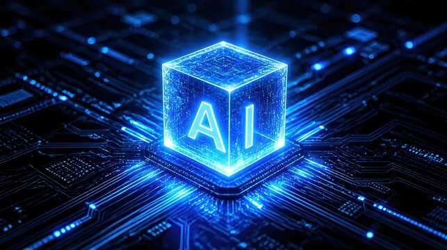 Glowing AI cube on a futuristic circuit board with blue light