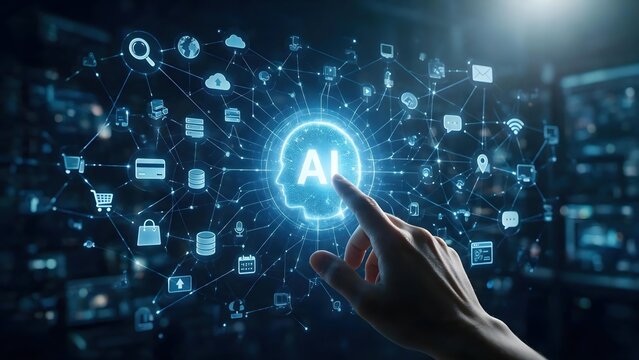 Human hand interacting with a glowing AI brain network of digital icons