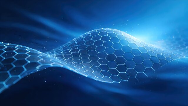 Abstract digital network grid with glowing hexagonal connections and particles